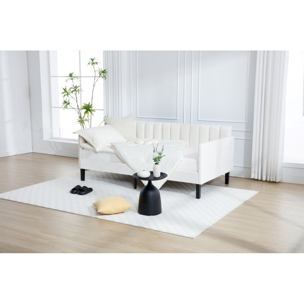 Elena Twin Size Beige Velvet Upholstered Daybed, Ribbed Tufted Backrest, Daybed in Lavish Modern Design, Richly Hued Foam Comfort