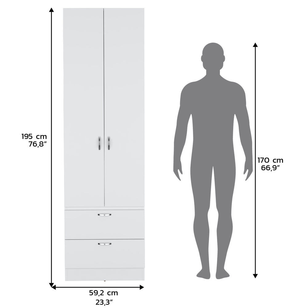 Armoire Wardrove 76" H, Hanging Rod, 2 Drawers, 1 Shelf, White