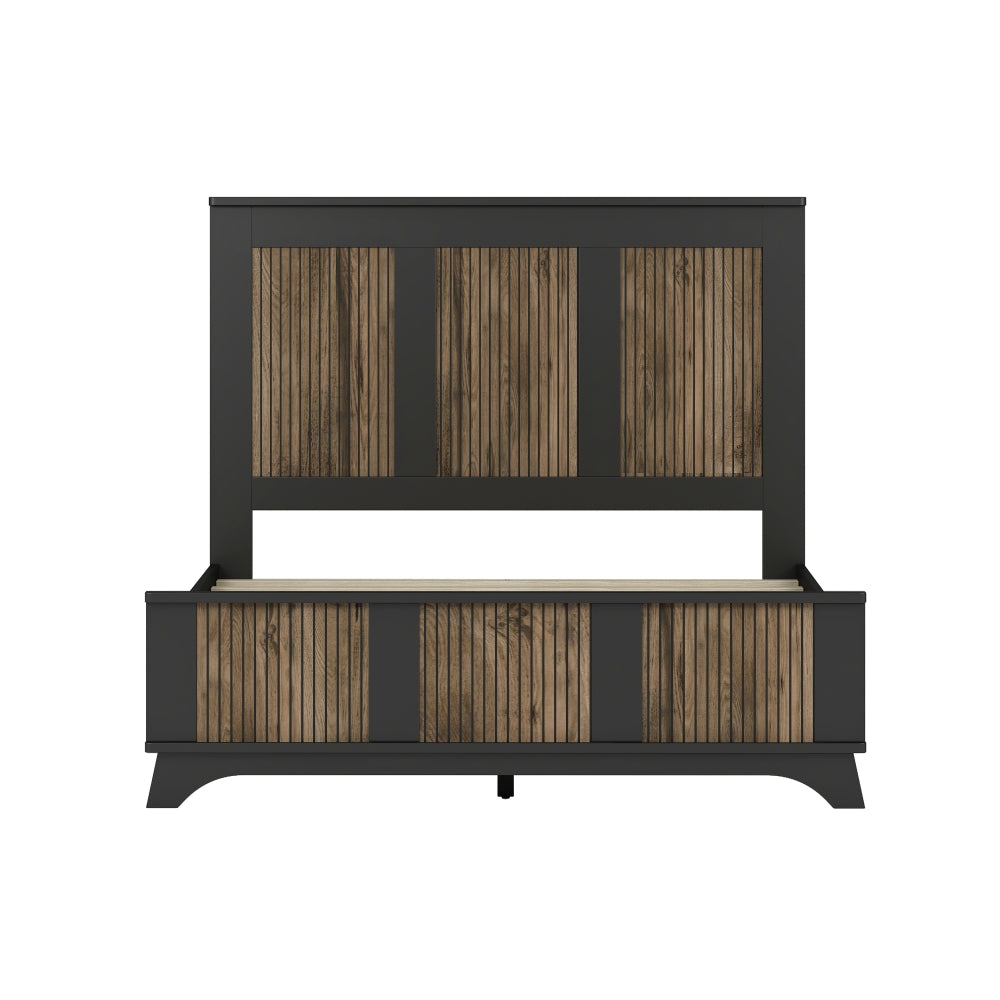 4-Pieces Bedroom Sets, Full Size Farmhouse Platform Bed with Wooden Strip Stickers Decoration, Storage Nightstand and Dresser with Metal Handle, Black