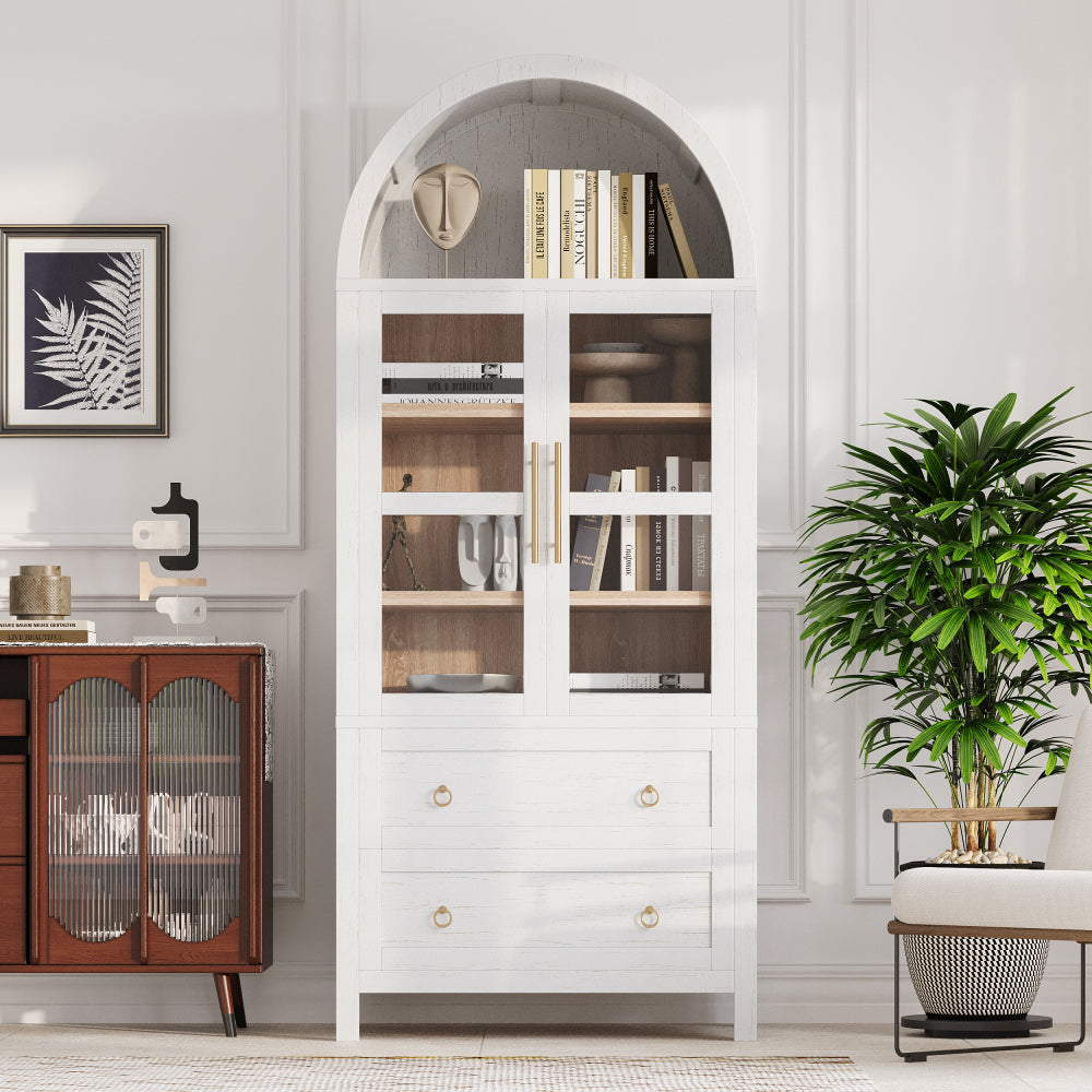 K&K 71" Tall Arched Kitchen Pantry Cabinet with 2 Large Drawers, Modern Farmhouse Kitchen Storage Cabinets with Adjustable Shelves, Glass Door, Wood Versatile Cupboard for Kitchens, Dining Room, White