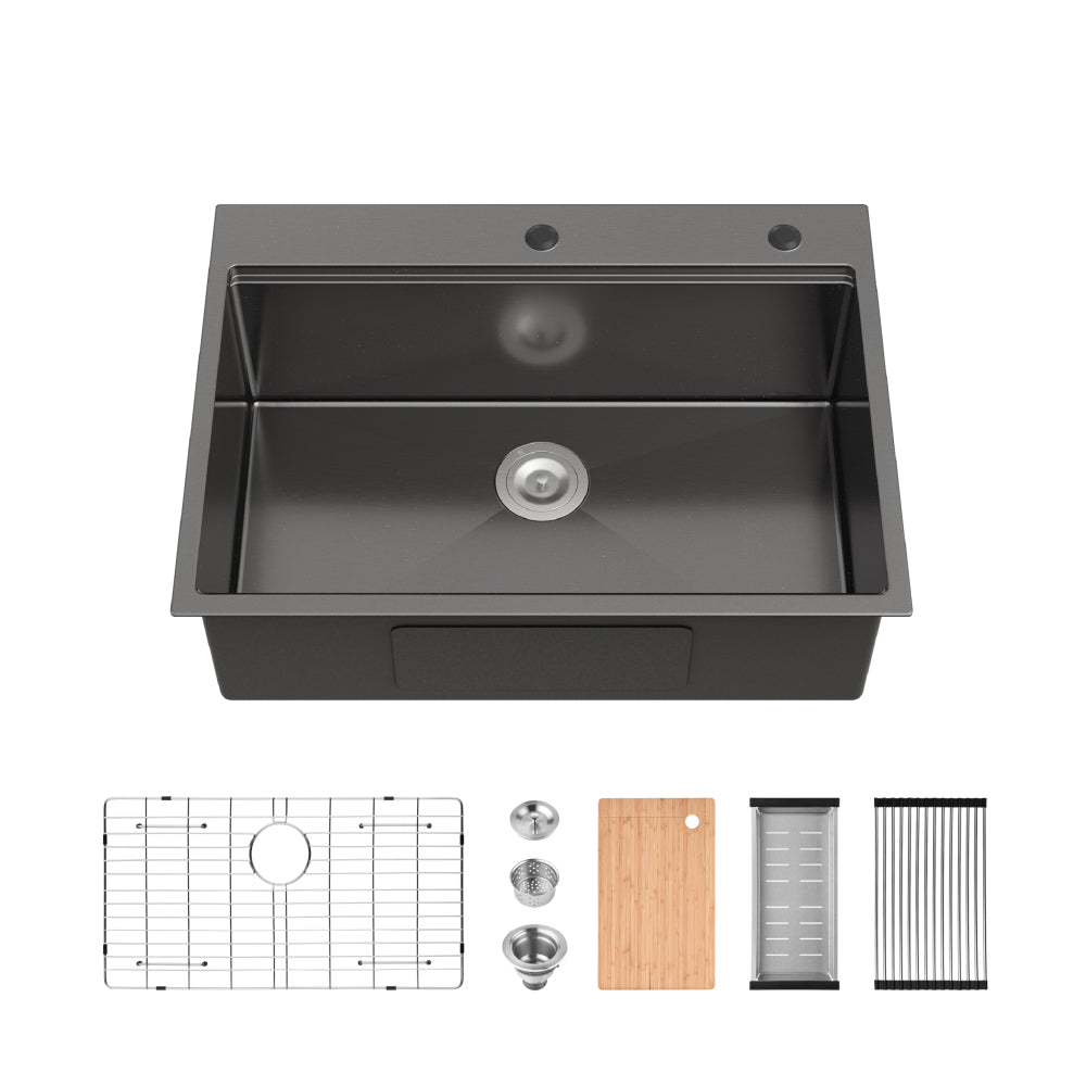 Stainless Steel Kitchen Sink, 32″x19″ Single Bowl, Overmount Handmade Sink in Brushed Nickel, with US Standard Drain and Hook, LS-SSBR02