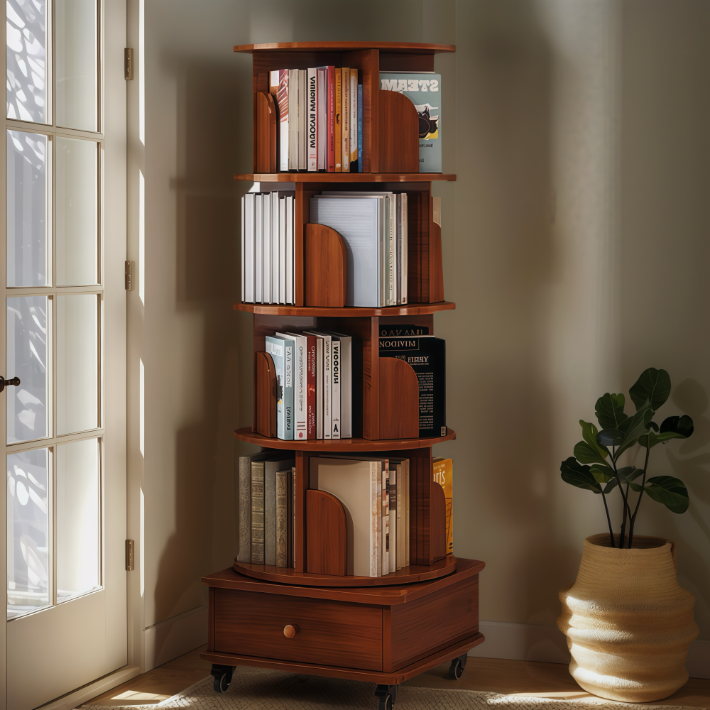 Rotating Bookshelf, 360 Degree Display 5 Tier Corner Bookshelf with Drawer for Small Space, Floor Standing Bookcase Storage Rack, Wood Narrow Book Shelf Organizer for Bedroom, Living Room (WHITE)