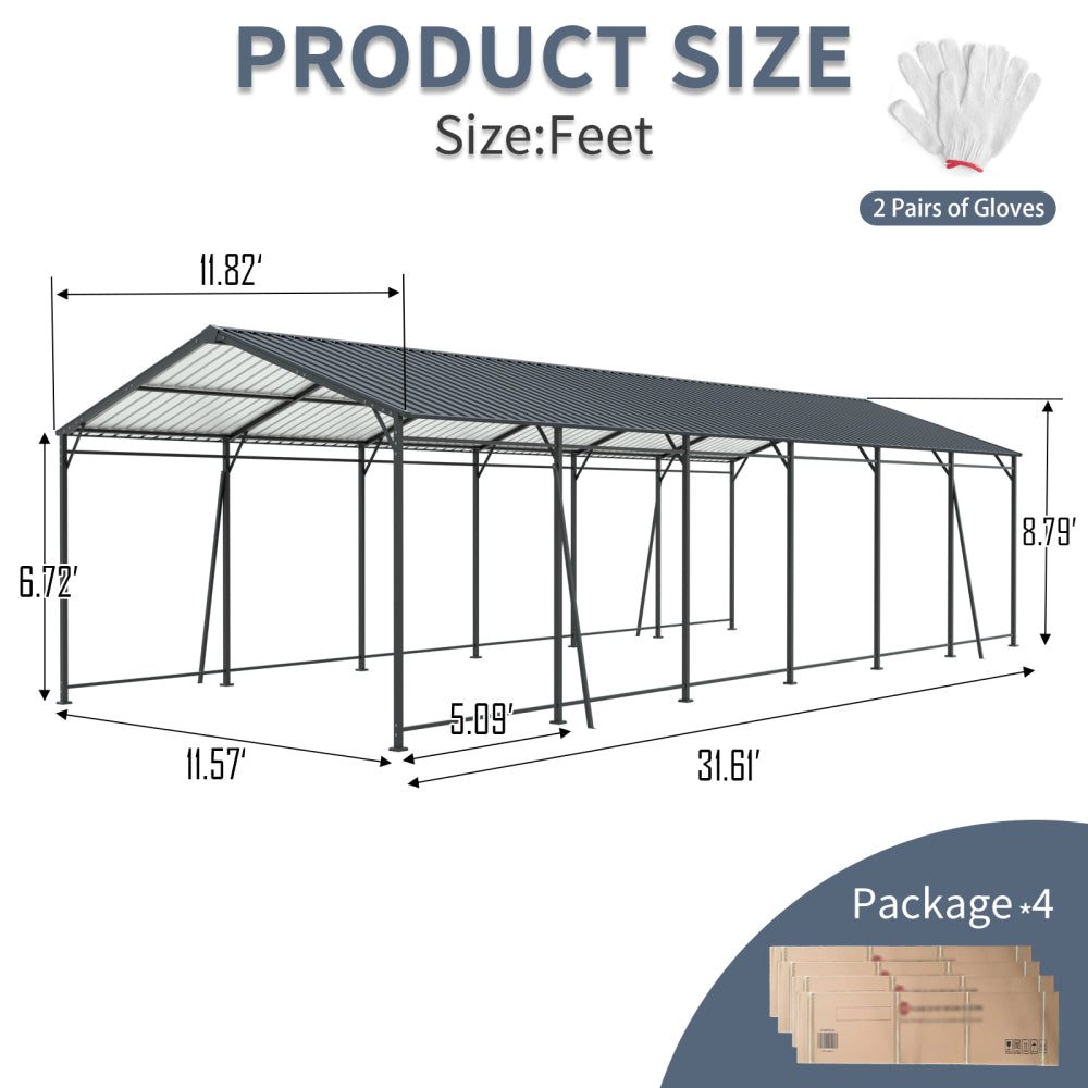 12*32 FT Carport, Heavy Duty Carport with Galvanized Steel Roof and Frame, Metal Carport Large Garage with 4 Fixed inclined square tube supports