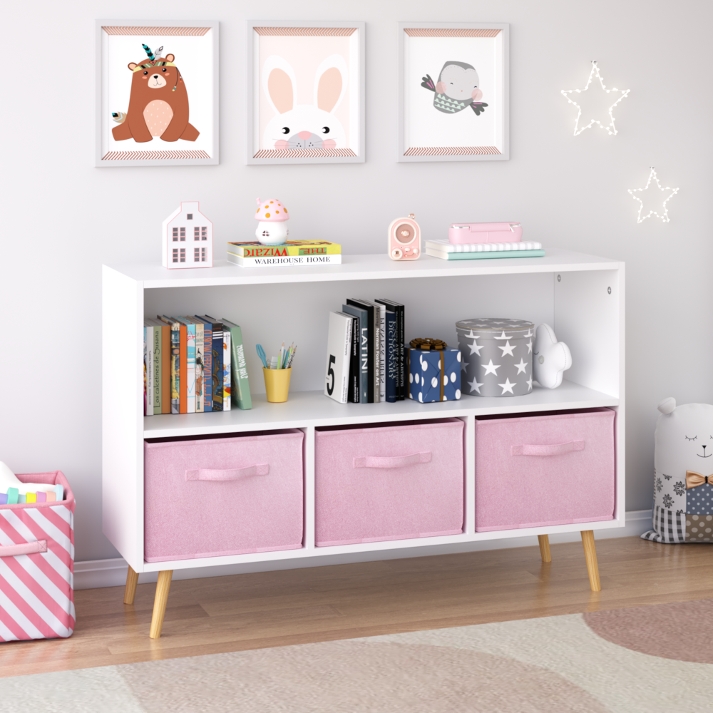 Kids bookcase with Collapsible Fabric Drawers, Children's Book Display, Toy Storage Cabinet Organizer, White/Pink