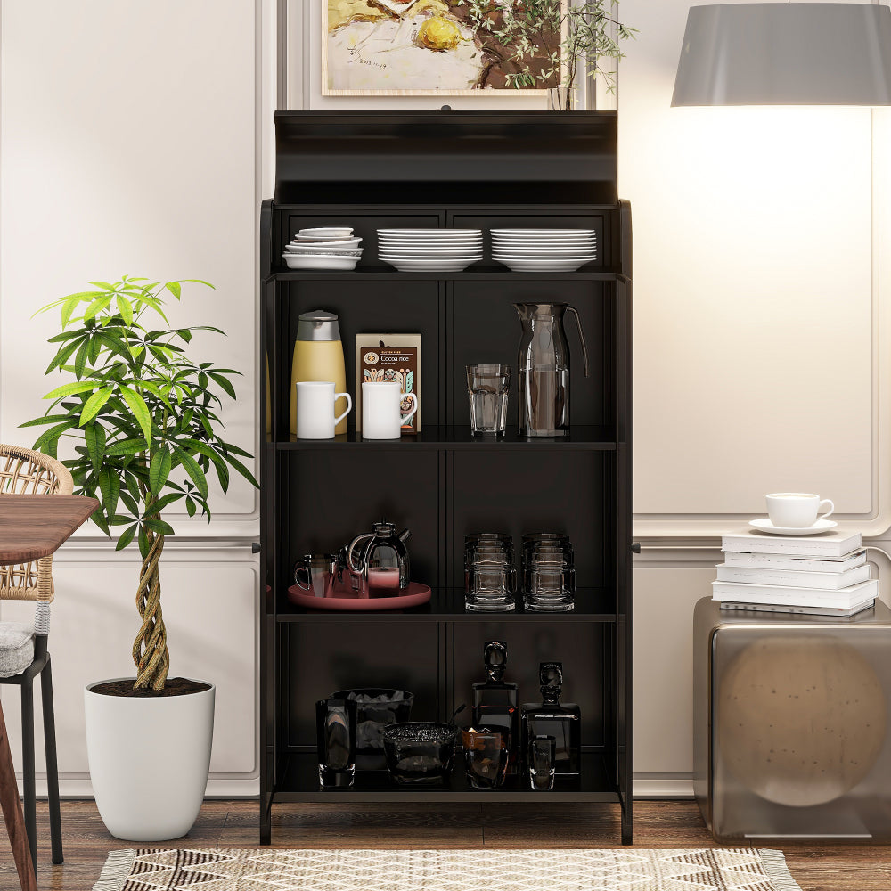 47.6" Tall Metal Storage Cabinet with Glass Doors & Flip-Top, 4-Tier Display Cabinet with Open Shelves, Freestanding Steel Sideboard Buffet for Kitchen, Living Room, Home Office, Dining Room, Bathroom