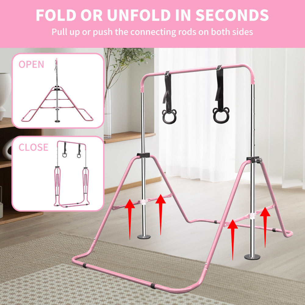 Pink Multi-Functional Adjustable Height Children's Horizontal Gymnastic Bar With Bear Rings