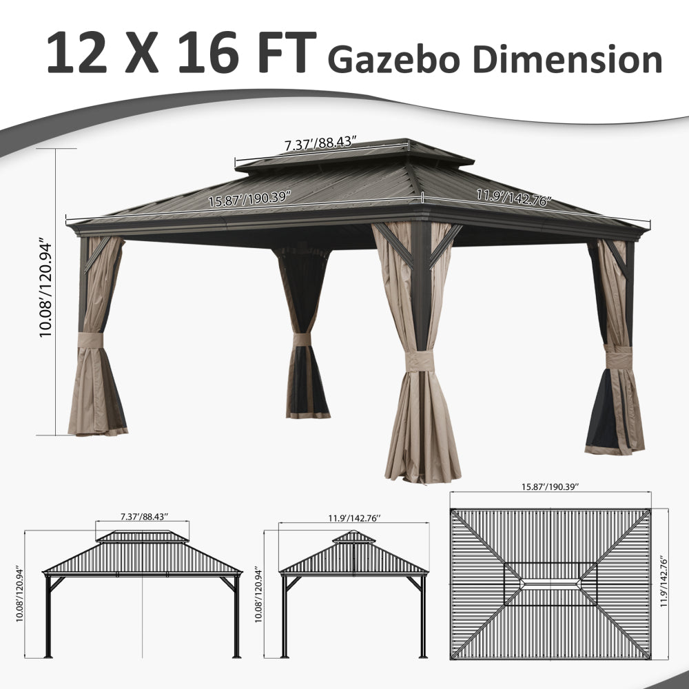12' X 16' Hardtop Gazebo, Upgraded Metal Gazebo with Drainage System, Dual-Layer Galvanized Steel Roof, Curtain and Netting, Outdoor Shelter Canopy for Patio, Garden, and Backyard, Brown