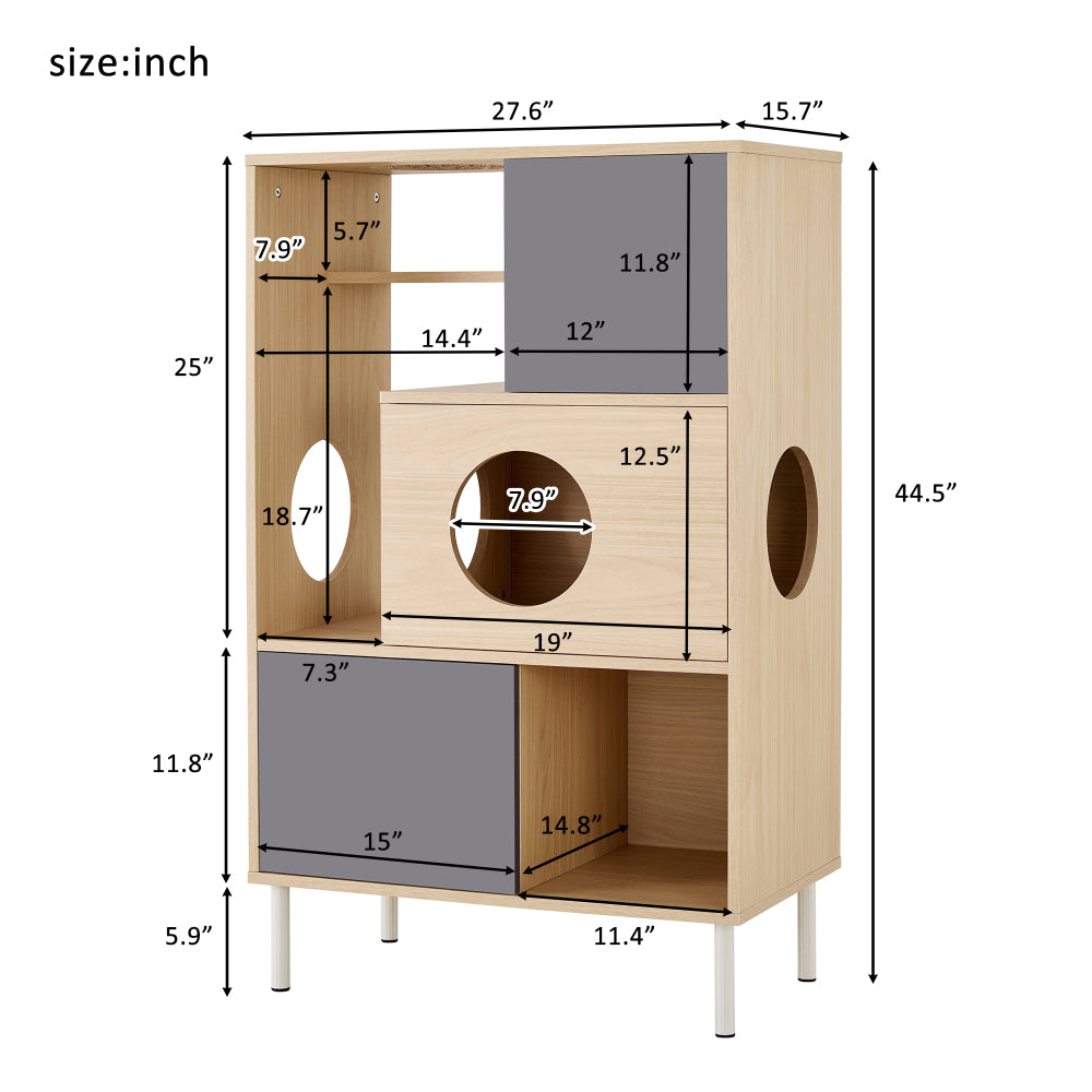 2 IN 1 Modern Cat Tree Bookshelf with Storage, Wood Bookcase with Litter Box Enclosure, Cat Climbing Shelves with Hidden Storage