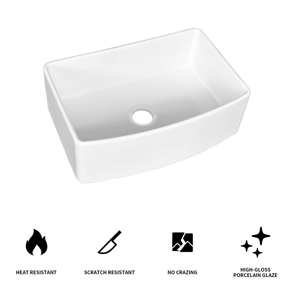 Fireclay 30" L X 20" W Farmhouse Arch Edge Apron Front Single Bowl Kitchen Sink