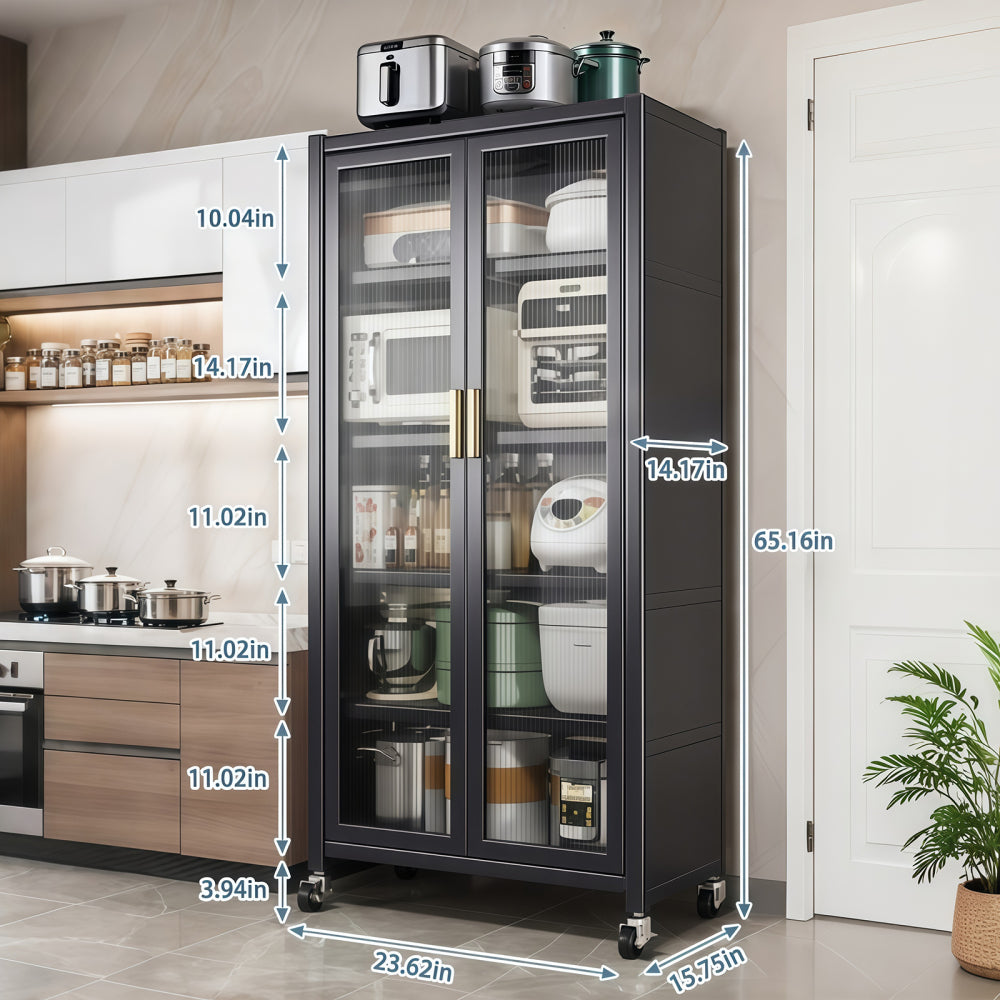 65" Kitchen Pantry Storage Cabinet, 6 Tier Metal Display Storage Cabinet with Transparent Door, Adjustable Shelves & Wheels, Food Pantries Cabinets, for Kitchen, Living Room and Dining Room, Gray