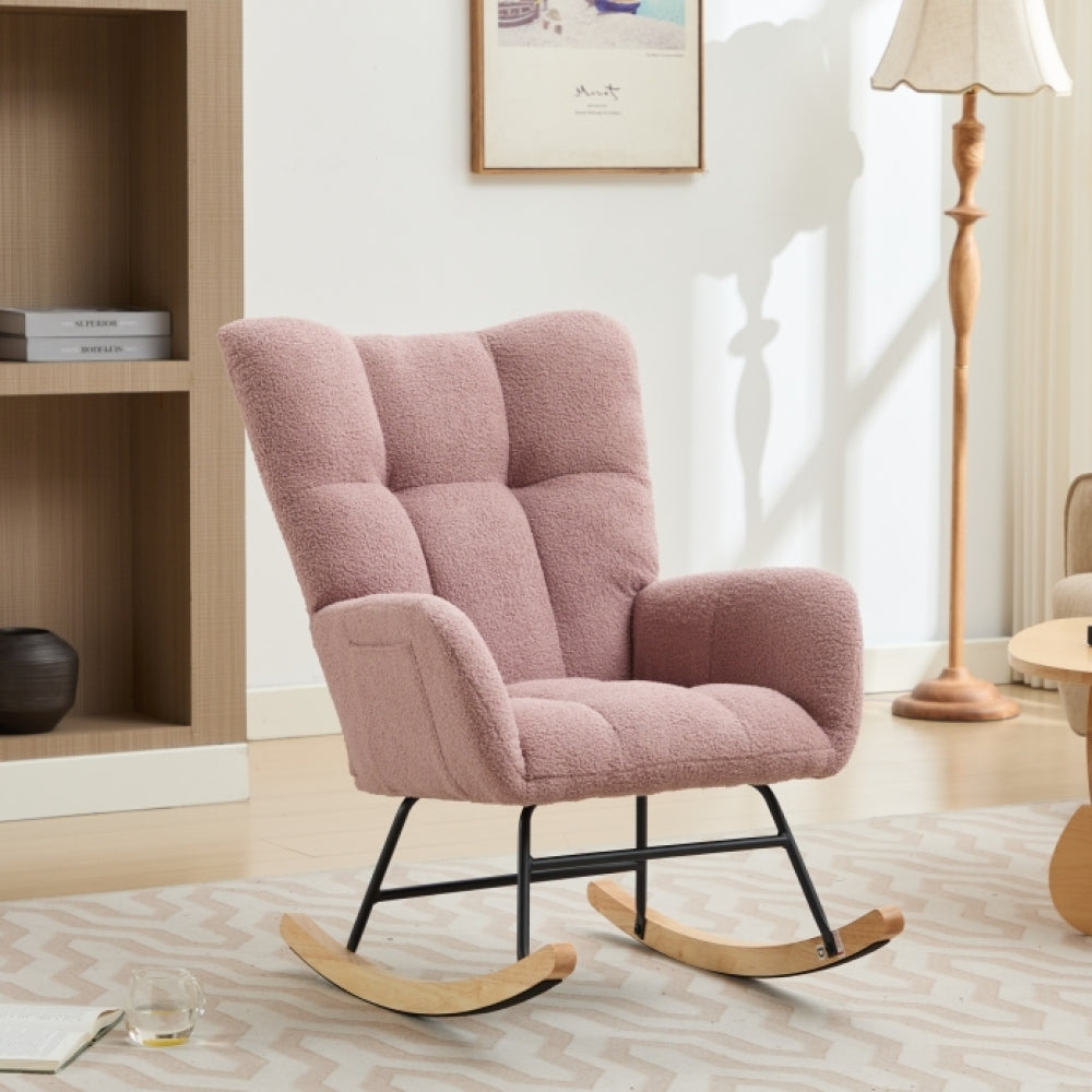 Modern Nursery Rocking Chair Upholstered Glider Chair with High Backrest Rocker Accent Armchair with Solid Wood Legs for Nursery Bedroom Living Room Teddy (white)