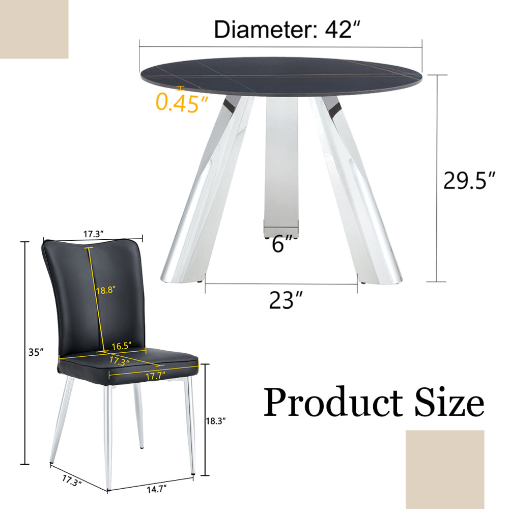 42-inch Sintered Stone Dining Table and Chair Set Mirror-polished Stainless Steel Base 4 Black PU Chairs Modern Luxury Round Dining Table Series