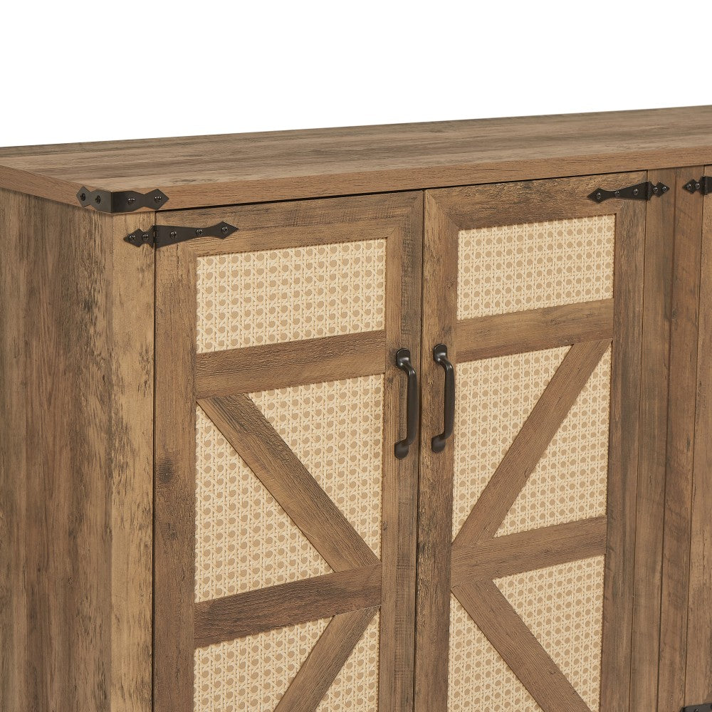 65-Inch Rustic Oak Color Faux Rattan Sideboard, Barn Door Rustic Style Sideboard, Living Room, Entryway, Bedroom, Dining Room Four Door Storage Cabinet