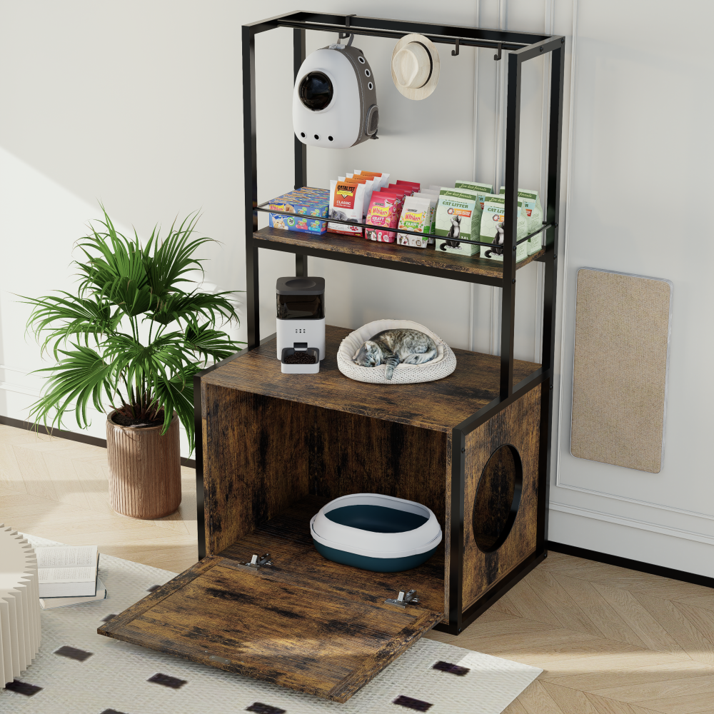 55"Refined Litter Box Enclosure with Storage Shelves and 2 Hanging Clothes Rack, 4-in-1 Hidden Cat Litter Box Enclosure Furniture with Shelf, Reversible Entrance,Rustic Brown
