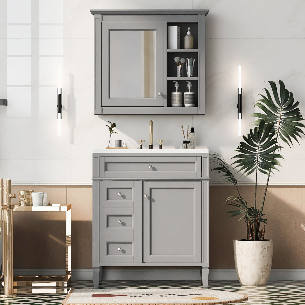 30'' Bathroom Vanity with Top Sink, Modern Bathroom Storage Cabinet with 2 Drawers and a Tip-out Drawer, Single Sink Bathroom Vanity