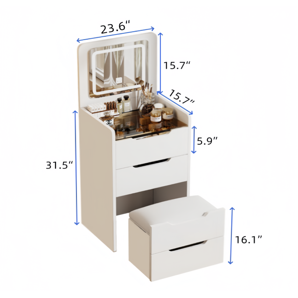 (60CM) 3 in 1 Vanity Desk with Plip Top Mirror, Small Make Up Vanity Set with Visible Glass Desktop, Compact Makeup Vanity with 3 Drawers, Cushioned Tool, Dressing Table for Bedroom, Prime Day Deals