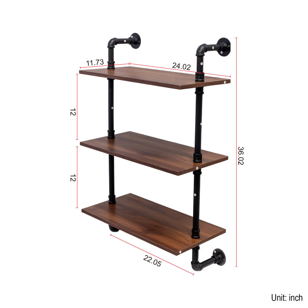 Industrial Pipe Shelf 3 Tier and 2 Tier Wall Mounted Shelves 36in Wood Display Shelves, and 3 additional hooks,Farmhouse Kitchen Bar Shelf, DIY Bookshelf Unit Hanging Wall Shelves for Bedroom...