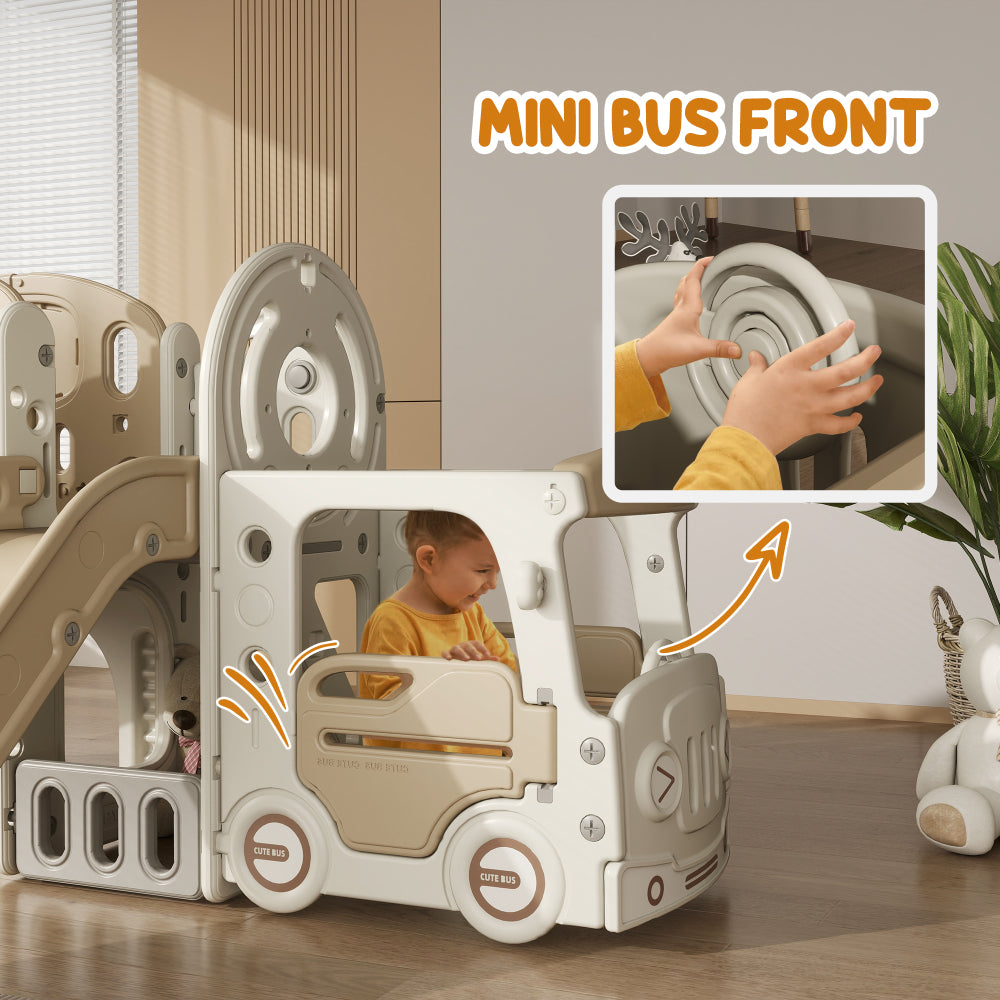 Qaba 9 in 1 Toddler Slide, Indoor Slide for Kids Ages 1-6, Car Themed Baby Slide with Basketball Hoop, Climber, Storage Space, Ring Toss, Telescope, Tunnel, Cream White