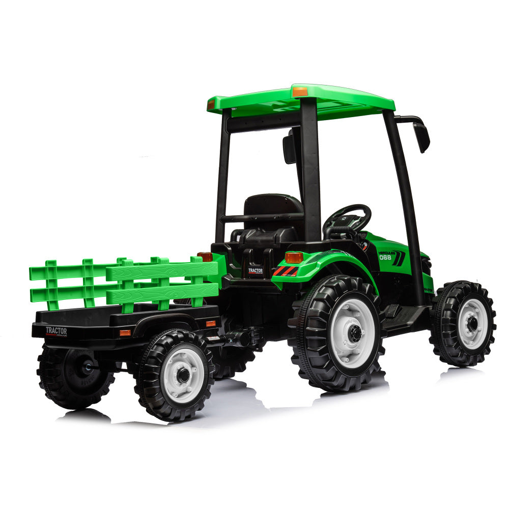 Pedal Tractors with Working Loader and Backhoe Digger, Kids' Ride on Car Toys 24V Battery Powered Electric Vehicles with Trailer, Digger for Toddlers (Green)