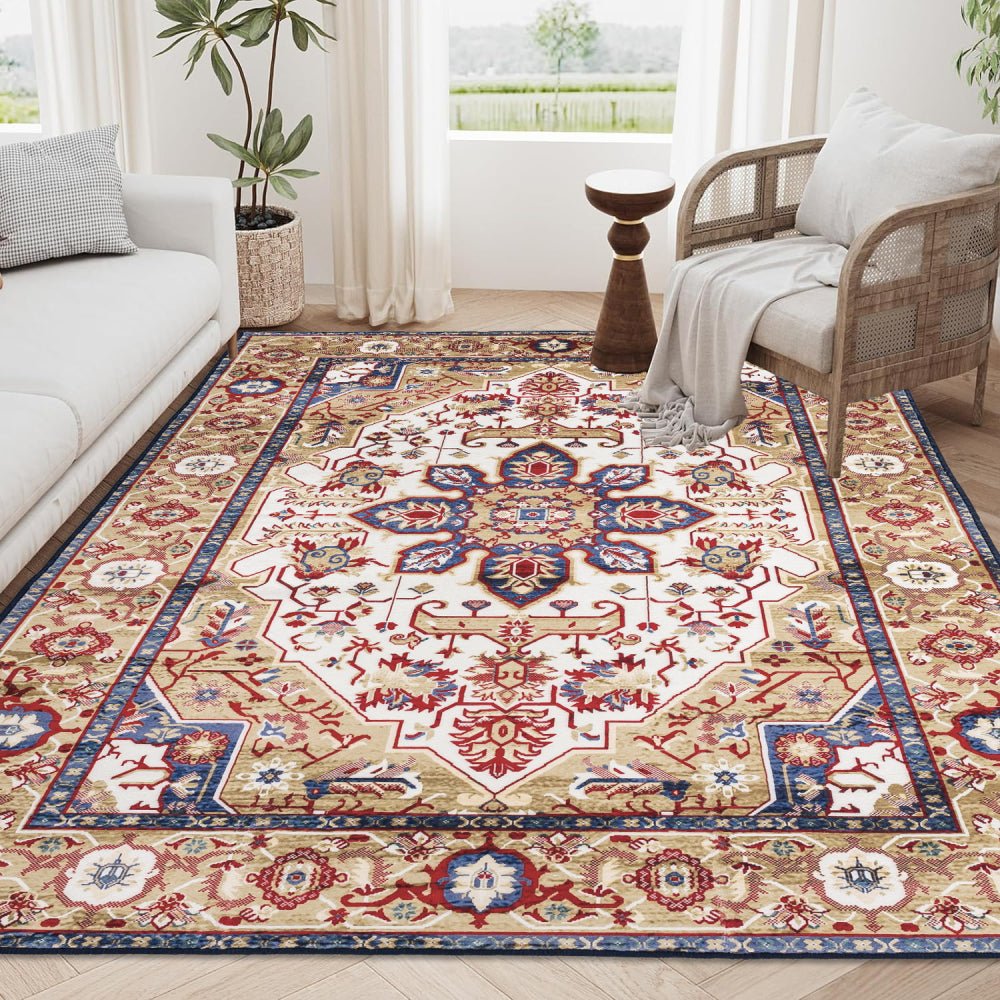Area Rug 6x9 Vintage Bohemia Large Persian Non-slip Washable Rug For Living Room Kitchen Bedroom Living Room Flower Design Blue/Gold