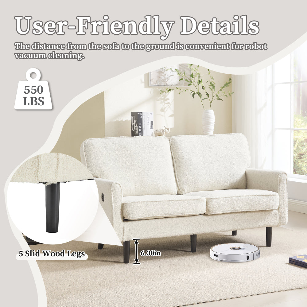Loveseat Sofa, Mid Century Modern Love Seat, 2 Seater Sofa Couches for Living Room, Small Couch with USB & Removable Pillow Cover, Comfy Couch for Bedroom, Apartment (Beige)