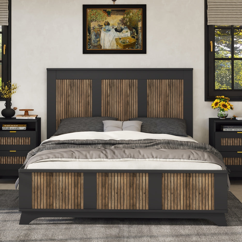 4-Pieces Bedroom Sets, Full Size Farmhouse Platform Bed with Wooden Strip Stickers Decoration, Storage Nightstand and Dresser with Metal Handle, White