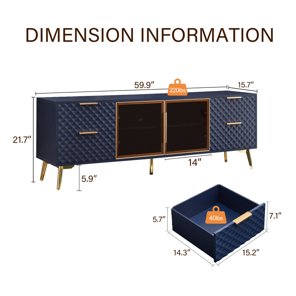 Deluxe Sculpted Modern Fashion Geometric Style TV Stand, Aluminum Frame Tempered Glass Door 4 Drawer Chest with Adjustable Metal Feet ,Dark Blue,59.9"L x 15.7"W x 21.7"H