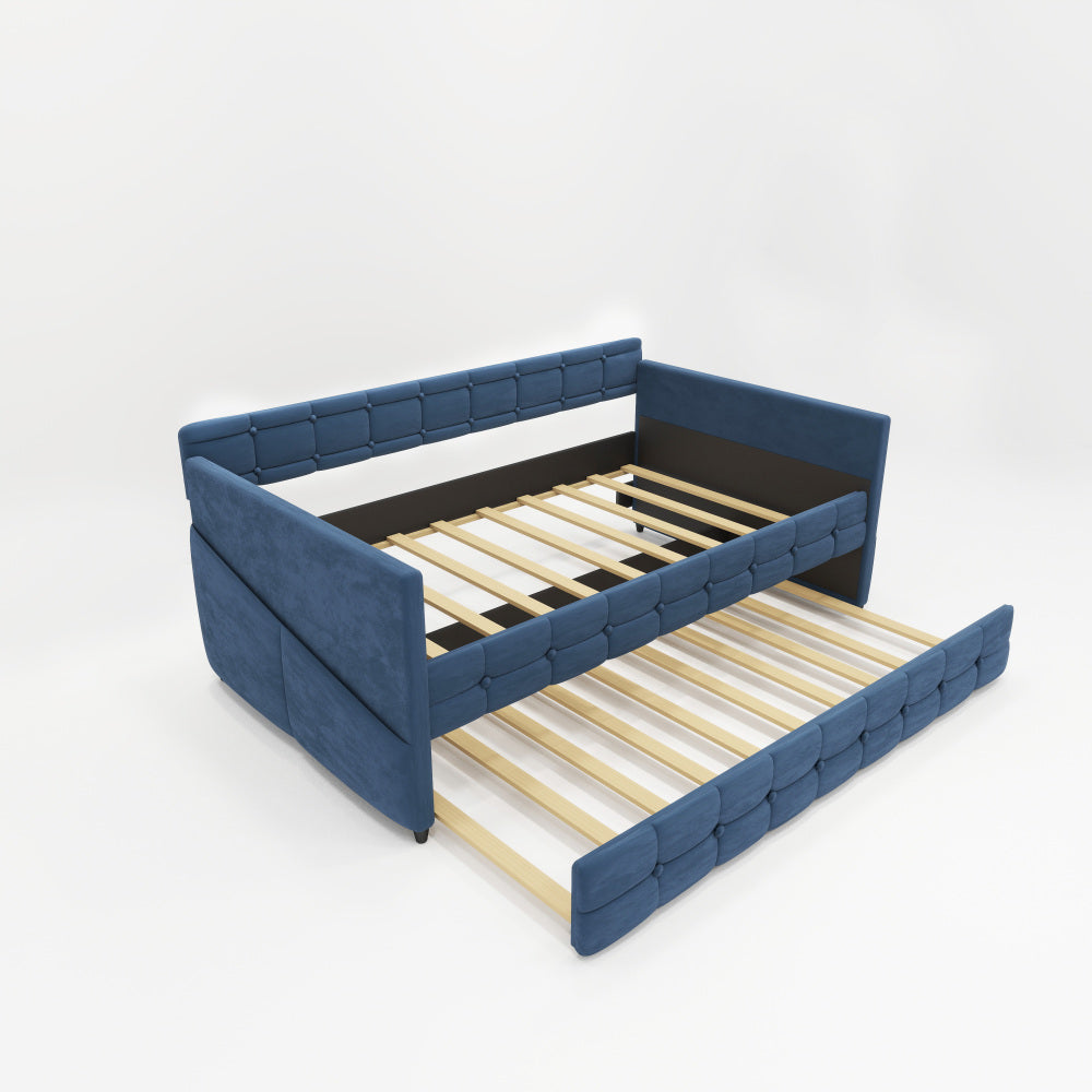 BLUE UPHOLSTERED TWIN SIZE DAYBED WITH TRUNDLE, VELVET FABRIC, NO BOX SPRING REQUIRED, COMFORTABLE AND SIMPLE DESIGN MODELS