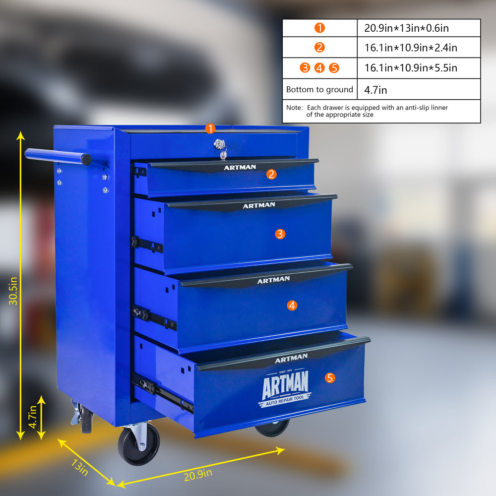 Rolling Metal Tool Chest with 4 Drawers, 20" 4-Drawer Tool Chest Cabinet with Ball Bearing Drawer Slides, Steel Tool Storage Box Organizer -BLACK&BLUE