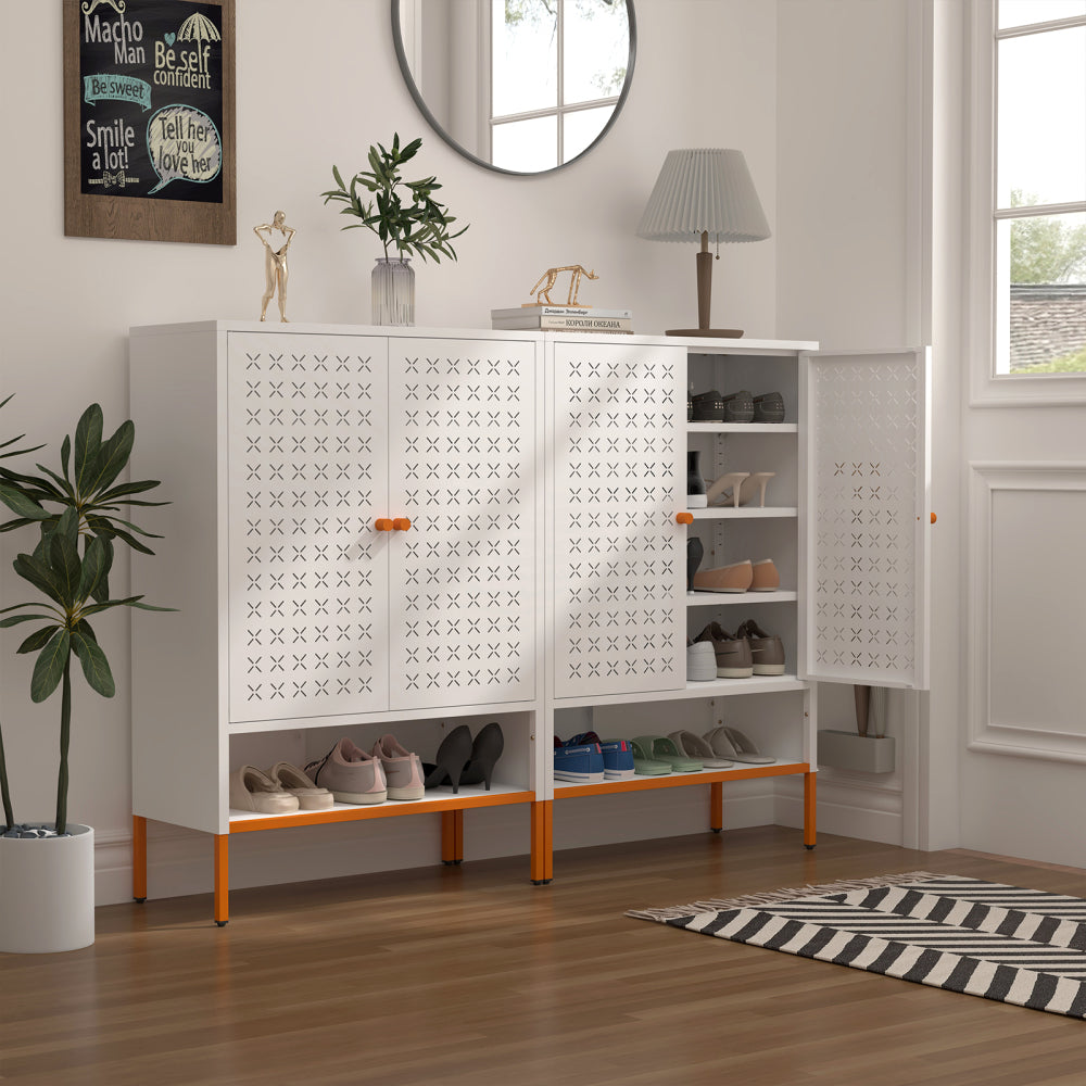 Modern minimalist double door shoe cabinet with adjustable mesh doors and high foot hollow storage cabinet bottom, compatible with robotic vacuum cleaners