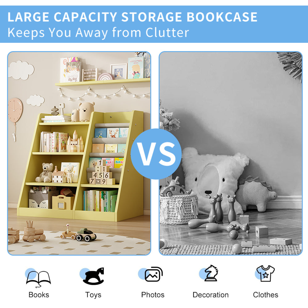 Yellow Wooden Toy Storage Organizer Cabinet Kids Bookshelf Children Bookcase Toddler Baby Sling Book Rack Shelf for Playroom Bedroom Nursery Hallway School Kindergarten Living Roomy
