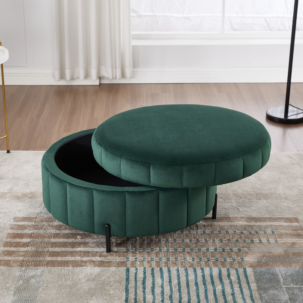 31.5"W Upholstered Round Ottoman With Reversible Lid, Velvet Storage Stool, Channel Tufted Pumpkin-shape Footstool for Living room, Bedroom and Office, Green