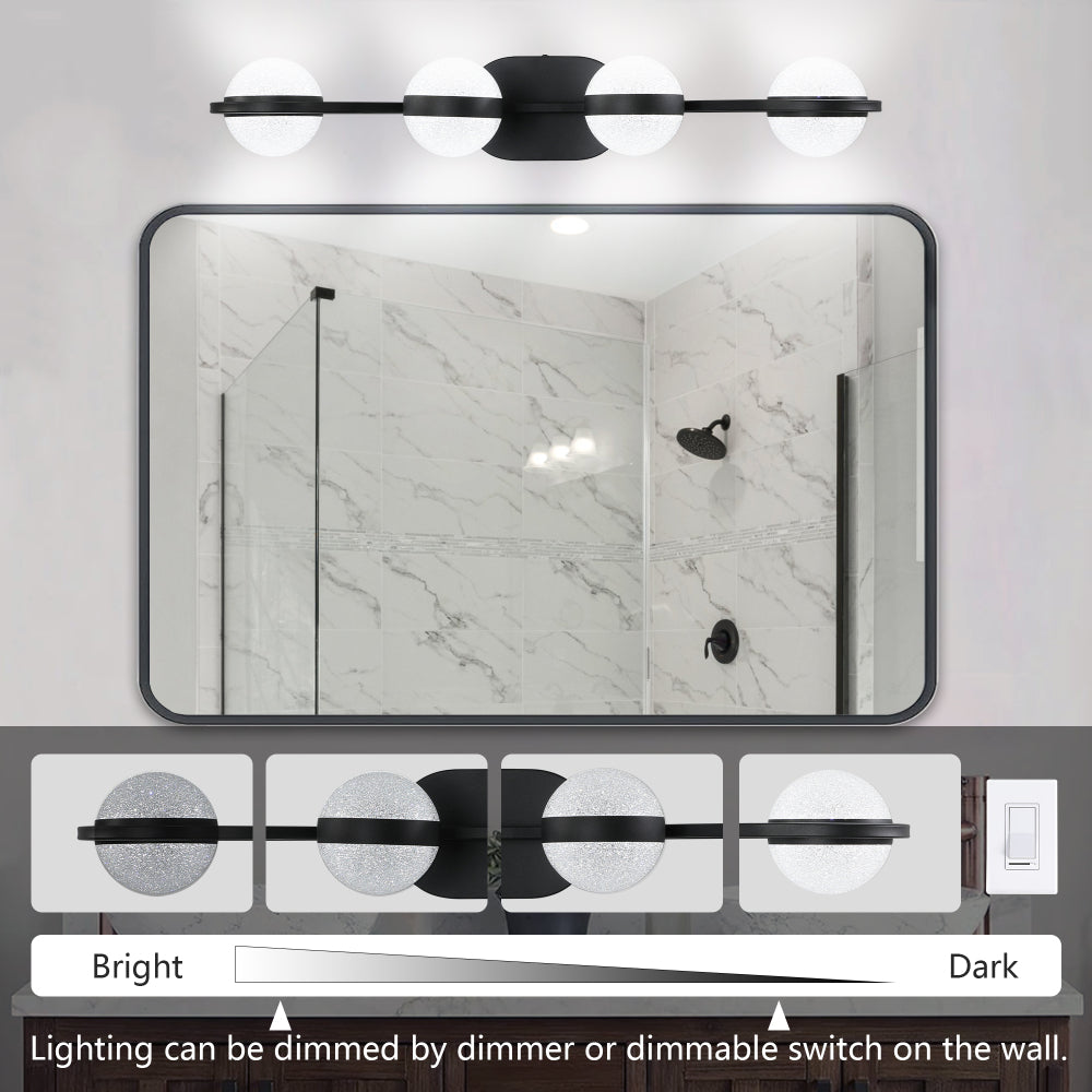 (Same as W1340P143677/L2001-B-4) 30" Black Minimalist LED Bathroom Vanity Light with Crystal Sand Acrylic Shades, 4-Light Wall Mounted Decorative Lighting Fixture, Suitable for Bathroom Vanity Mirror