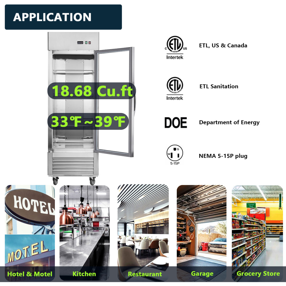 27"W Commercial Refrigerator 1 Glass Door Stainless Steel Interior and Exterior Construction Display Refrigerator 18.68 Cu.ft. Reach-in Merchandising Refrigerator Upright Fan Cooling Merchandiser