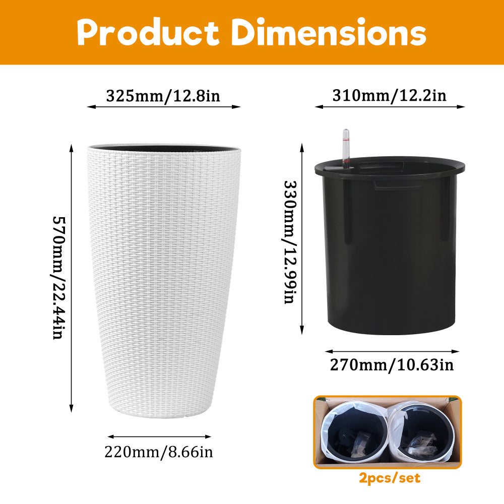 Set of 2 Faux Rattan Tall Planters Outdoor Indoor Large Planters with Water Level Monitor Inner Bucket, Automatic Watering, Flower Plant Pots for Garden, Patio, Porch, Backyard (White, 22 inch )