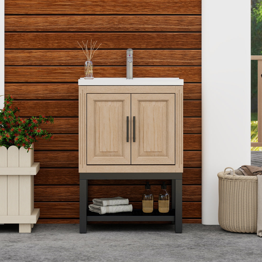24" Bathroom Vanity with White Ceramic Sink & Hot and Cold Faucet , Freestanding Bathroom Cabinet with 2 Storage Doors and Open iron Shelf for Bathroom