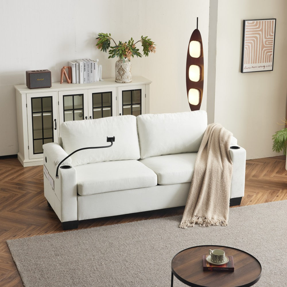 Pull-out sofa bed, chenille material, pull-out queen sofa bed, with USB charging, mobile phone holder, memory sofa, removable and washable cushions, suitable for living room, bedroom, apartment, white