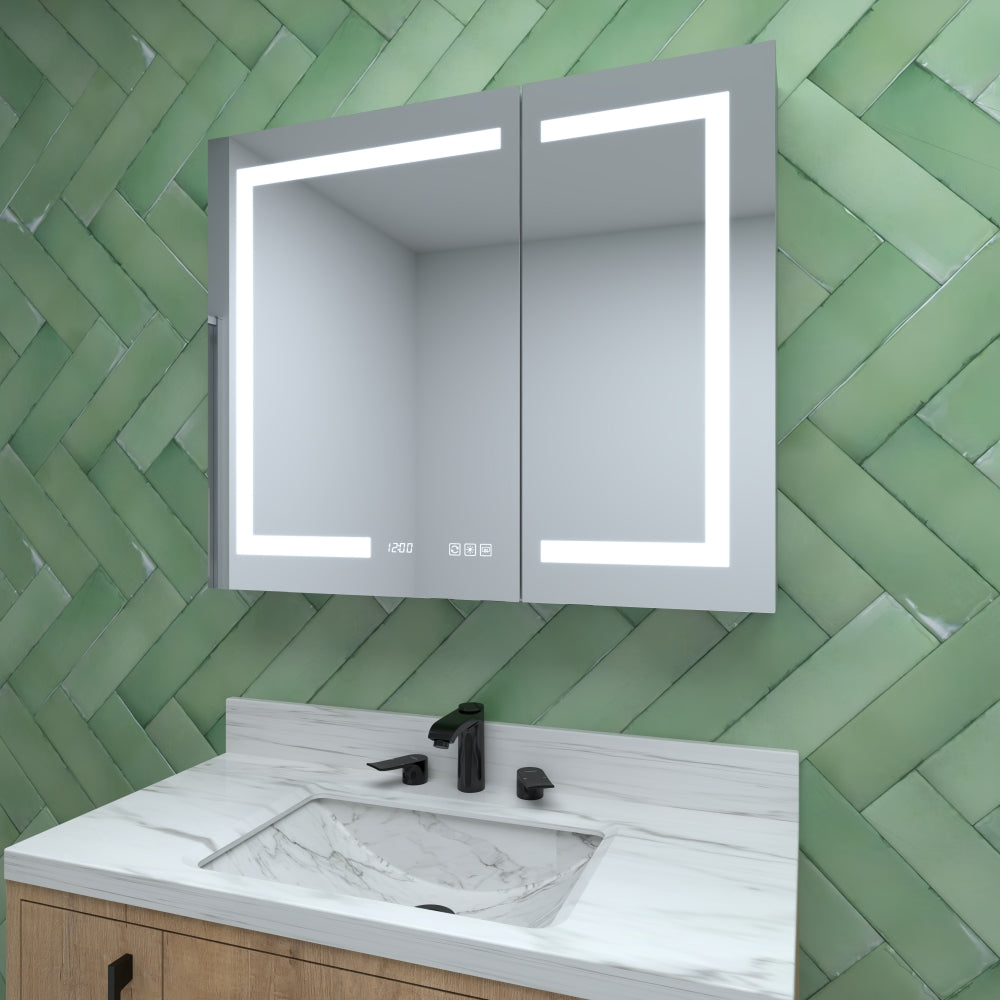 48 in. W x 30 in. H Rectangular Silver Aluminum Recessed/Surface Mount Medicine Cabinet with Mirror LED and Clock