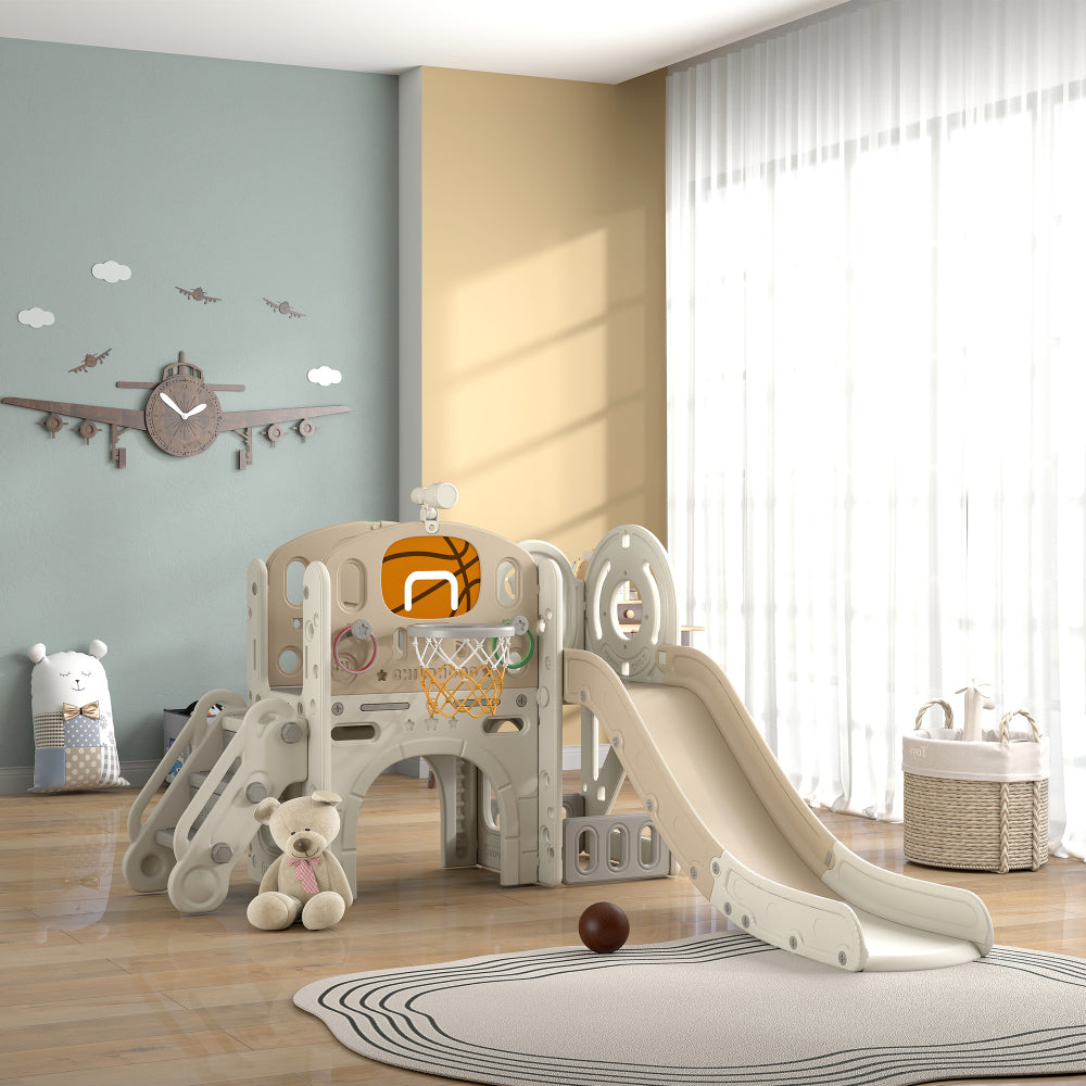 Qaba 7-in-1 Toddler Slide Playset, Kids Slide for Ages 1-6 Years with Ring Toss, Basketball Hoop, Telescope, Indoor Playground with Climber, Storage Space, Crawl Tunnel, Cream White