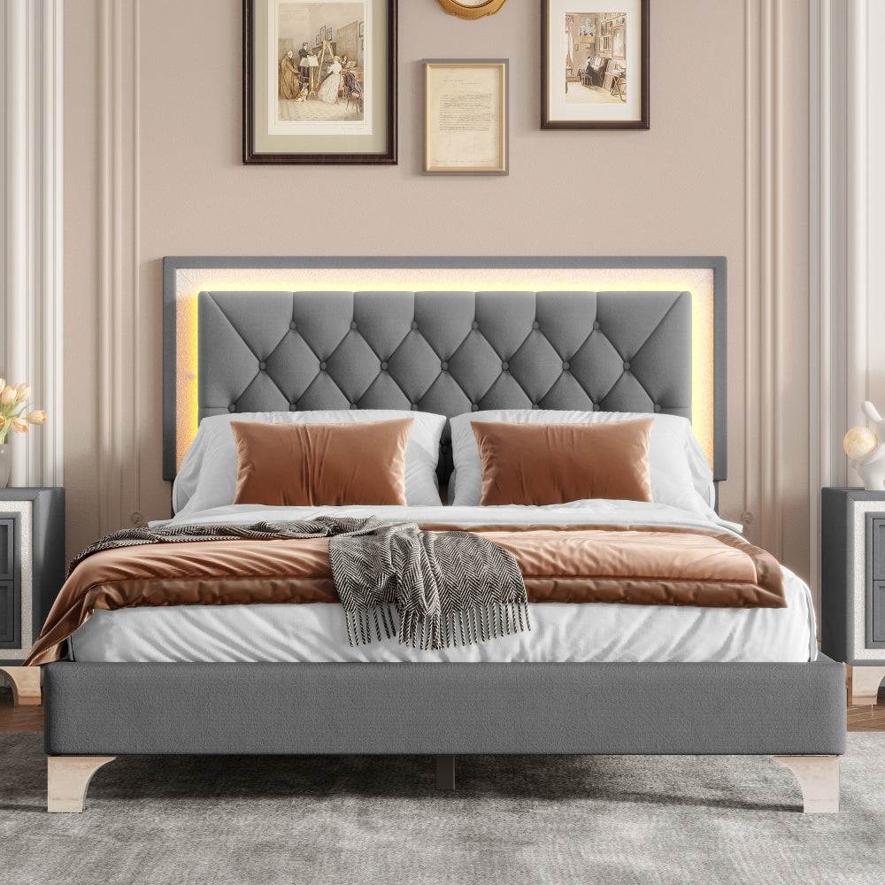 3-Pieces Bedroom Sets,Queen Size Upholstered Platform Bed with LED Lights and Two Nightstands-Gray