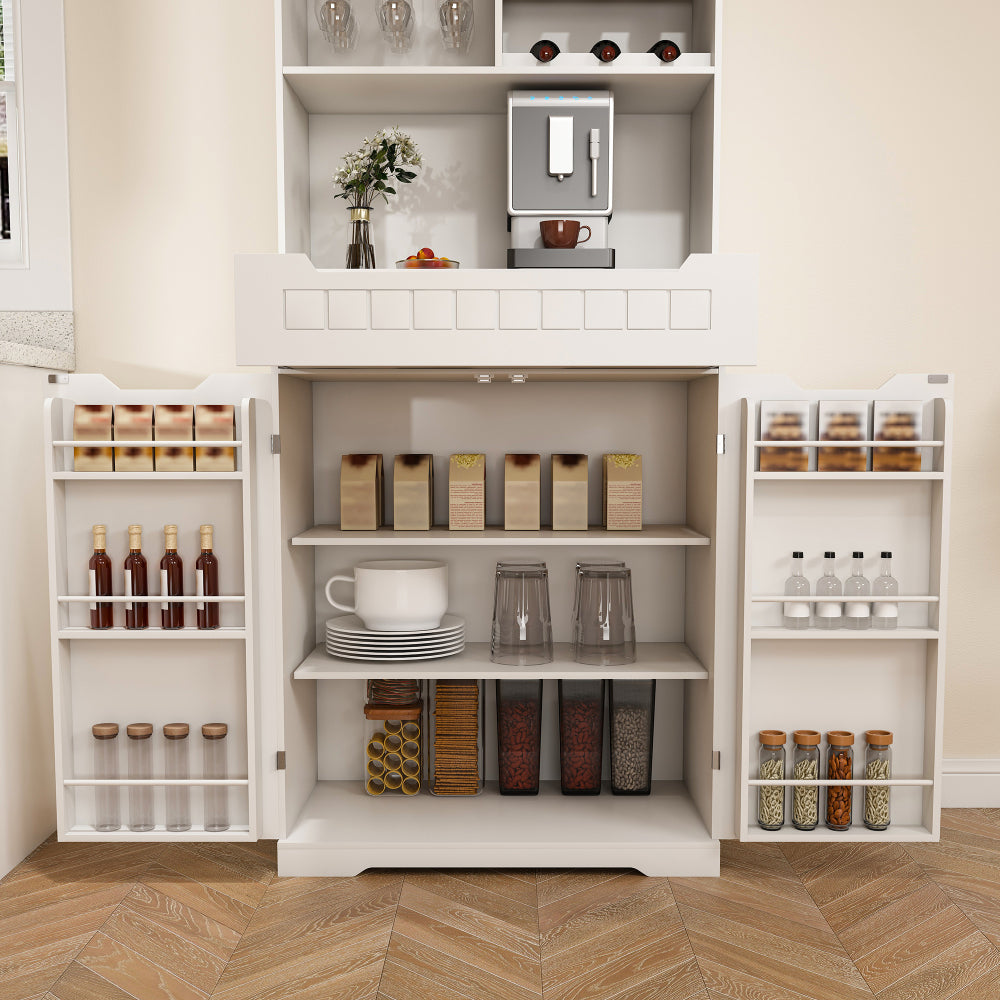 White Buffet Cabinet with Hutch - Modern Farmhouse Kitchen Storage Sideboard with 2 Drawers & Barn Doors, Coffee Bar Station or Liquor Cabinet for Dining Room, Living Room
