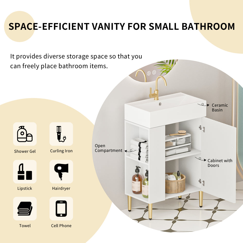 21.6" Open-shelving Bathroom Vanity with Ceramic Sink and Soft-Closing Door, Cloakroom Open Shelf Storage Cabinet on the Left Side, Assembly Required, White 24VB06-21WHL