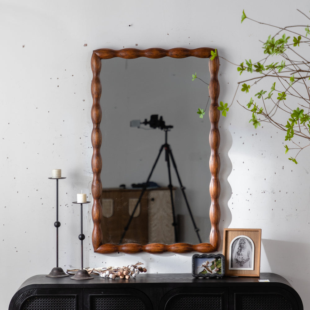 Mid-Century Modern Mirror with Solid Wood Frame,Wall-Mounted High-Definition Non-deformable Bedroom Mirror, Living Room Mirror,Brown