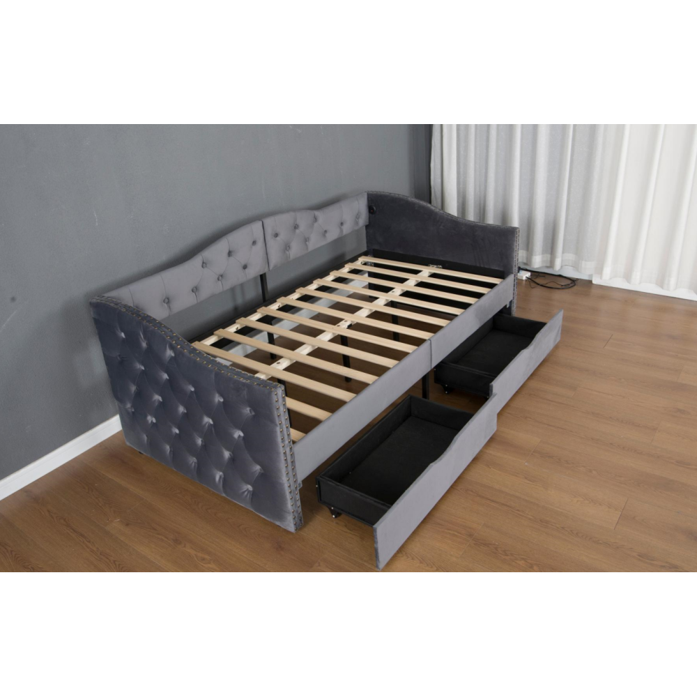 Upholstered Daybed with Storage Drawers, Wood Daybed Twin Size, No Box Spring Needed, Grey