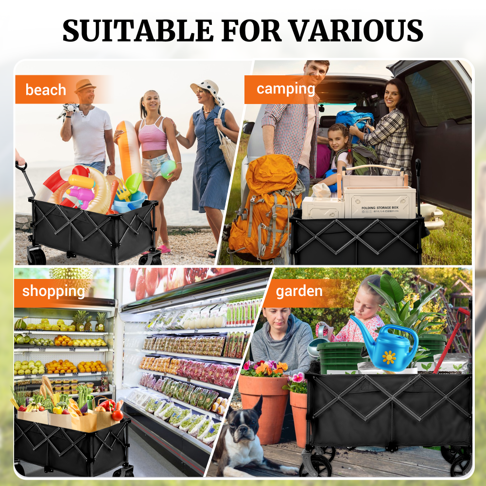 PORTABLE 400L Collapsible Wagon, Folding Wagon Cart , Beach Wagon with Big Wheels, 450LB Heavy Duty Foldable Wagon, Large Capacity Wagon for Camping, Sports, Garden, Baseball