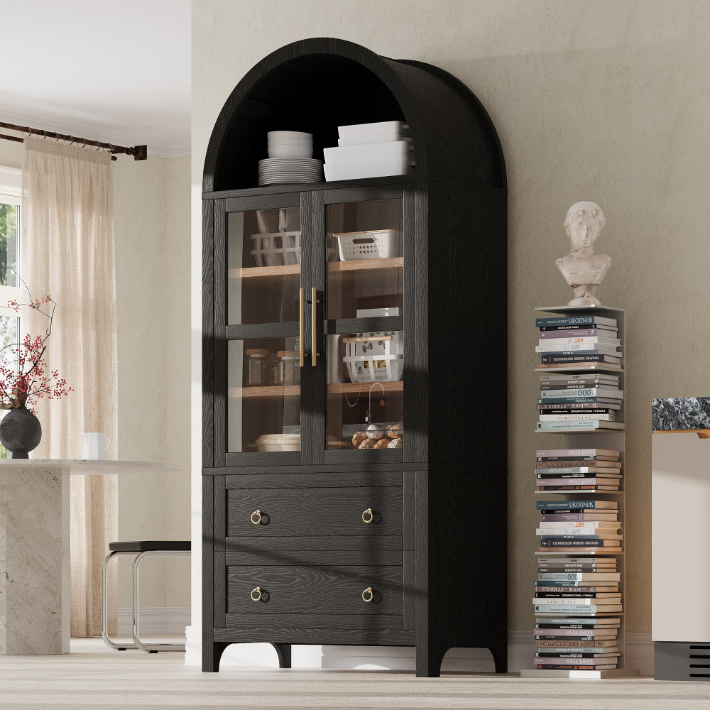 K&K 71" Tall Arched Kitchen Pantry Cabinet with 2 Large Drawers, Modern Farmhouse Kitchen Storage Cabinets with Adjustable Shelves, Glass Door, Wood Versatile Cupboard for Kitchens, Dining Room, White
