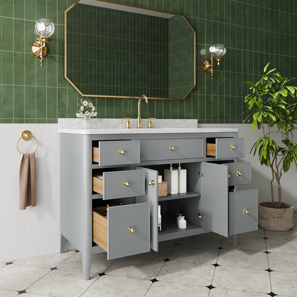 Fully Assembled 48'' Grey Freestanding Single Sink Bathroom Vanity with Solid Wood Construction and Engineered Marble Top