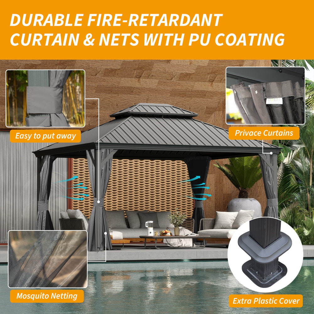 12' X 14' Hardtop Gazebo, Upgraded Metal Gazebo with Drainage System, Dual-Layer Galvanized Steel Roof, Curtain and Netting, Outdoor Shelter Canopy for Patio, Garden, and Backyard, Grey