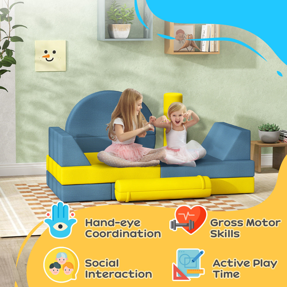 Qaba Modular Kids Play Couch, 14 Piece Kids Couch, Child Sectional Sofa for Playing, Sitting & Sleeping, Convertible Foam Floor Cushions for Boys & Girls, Yellow