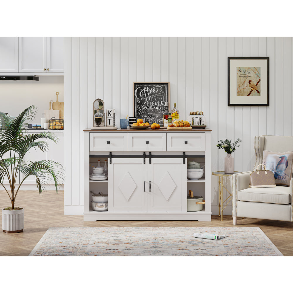 Farmhouse Buffet Cabinet with Storage, Sideboard Cabinet with 2 Doors and 3 Drawers, Rustic Storage Cabinet with Sliding Barn Door, Coffee Storage Cabinet for Dining Room, Living Room
